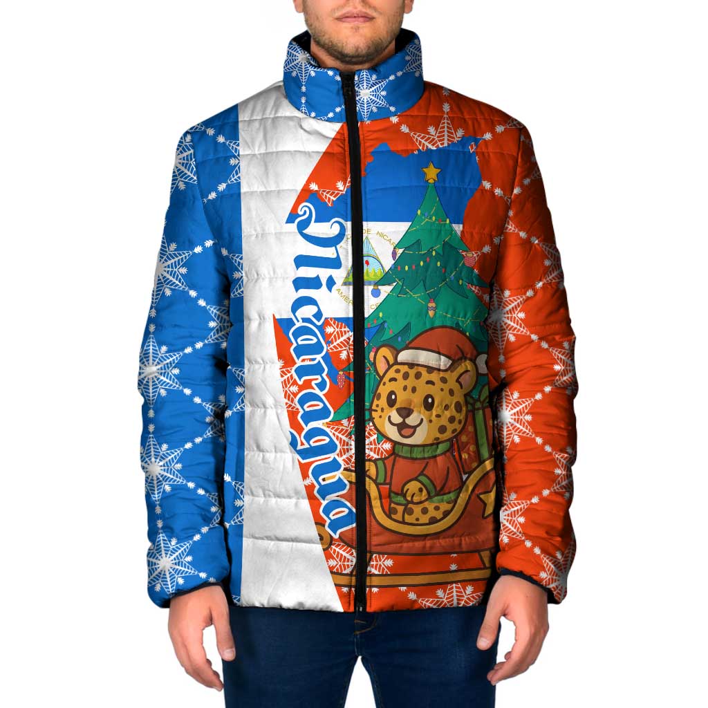 Nicaragua Christmas Padded Jacket with Jaguar in Sleigh Christmas Tree Snowflakes and Flag Colors Design - Wonder Print Shop