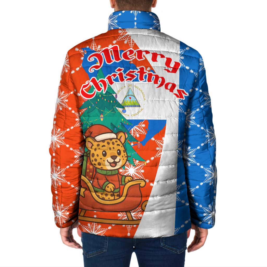 Nicaragua Christmas Padded Jacket with Jaguar in Sleigh Christmas Tree Snowflakes and Flag Colors Design - Wonder Print Shop