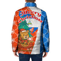 Nicaragua Christmas Padded Jacket with Jaguar in Sleigh Christmas Tree Snowflakes and Flag Colors Design - Wonder Print Shop
