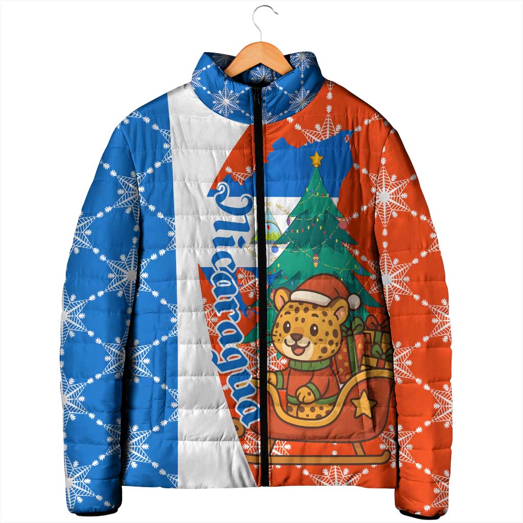 Nicaragua Christmas Padded Jacket with Jaguar in Sleigh Christmas Tree Snowflakes and Flag Colors Design - Wonder Print Shop