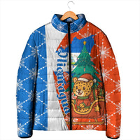 Nicaragua Christmas Padded Jacket with Jaguar in Sleigh Christmas Tree Snowflakes and Flag Colors Design - Wonder Print Shop
