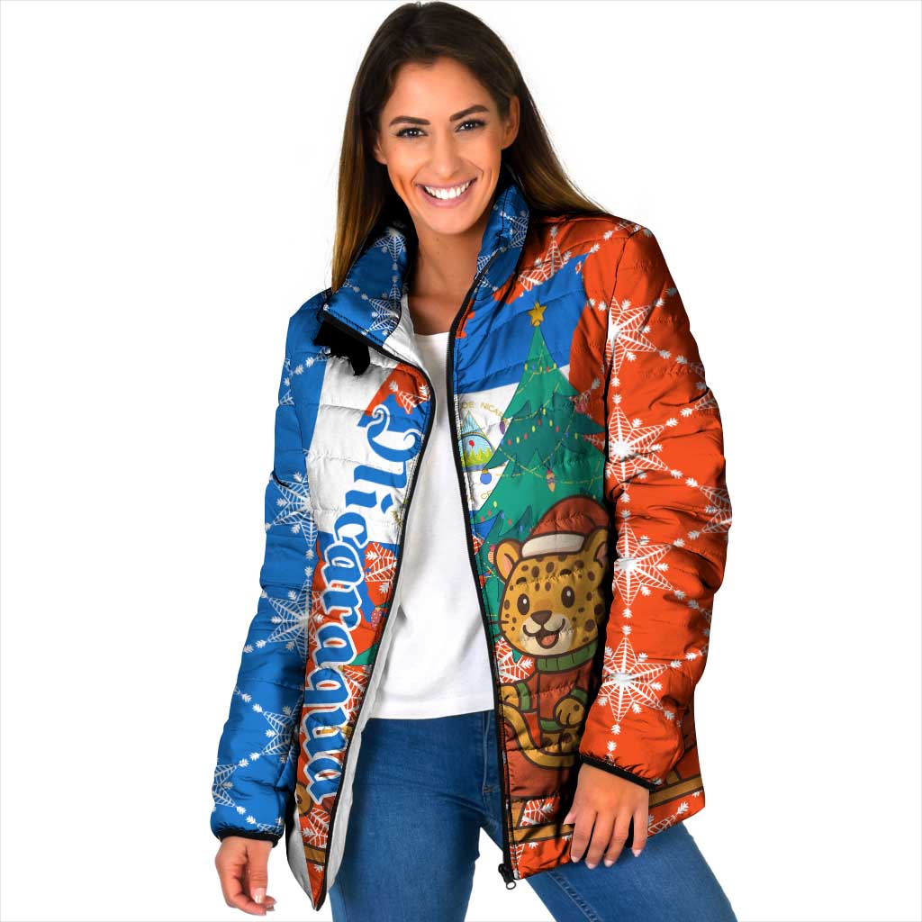 Nicaragua Christmas Padded Jacket with Jaguar in Sleigh Christmas Tree Snowflakes and Flag Colors Design - Wonder Print Shop