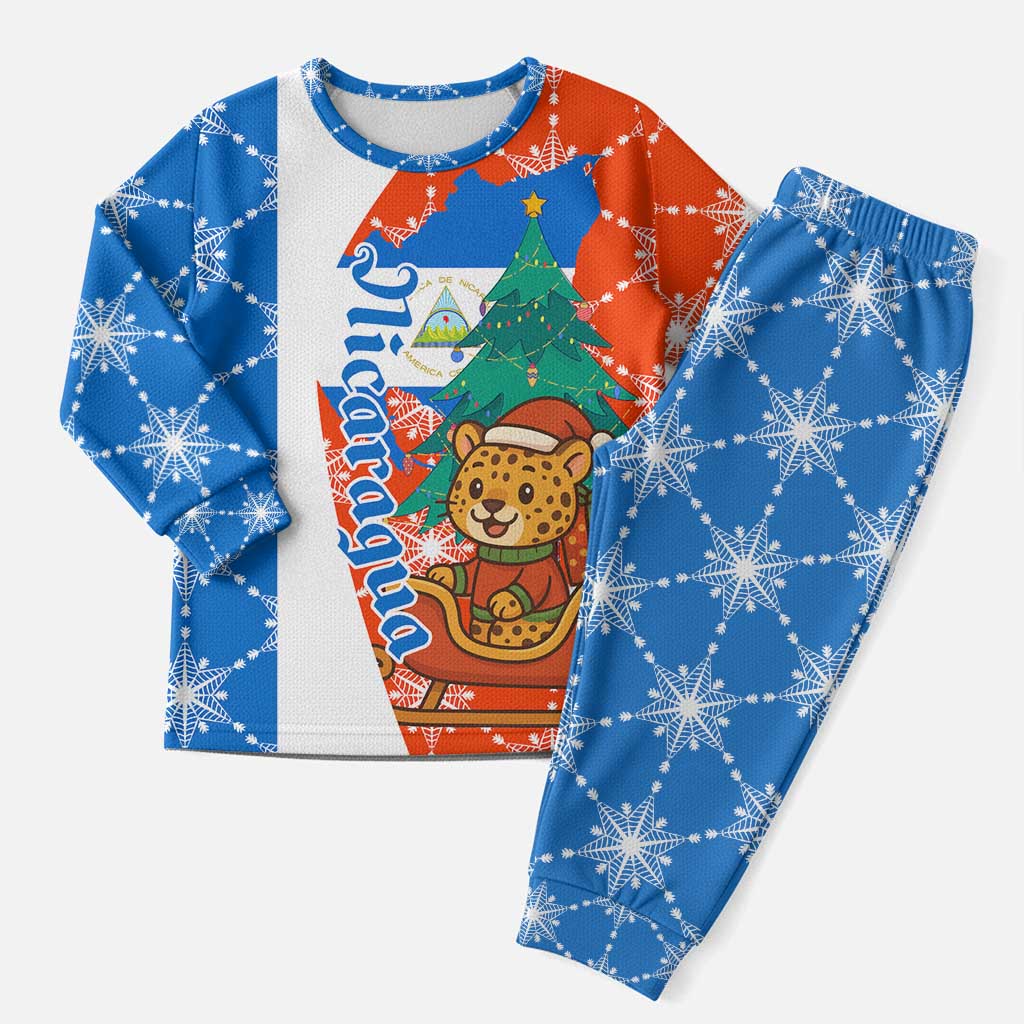 Nicaragua Christmas Pajama Set with Jaguar in Sleigh Christmas Tree Snowflakes and Flag Colors Design - Wonder Print Shop