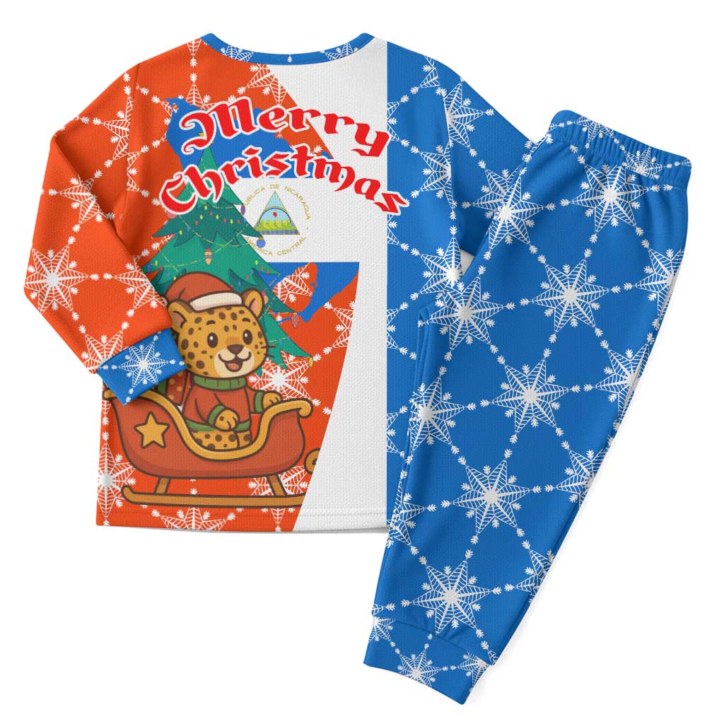 Nicaragua Christmas Pajama Set with Jaguar in Sleigh Christmas Tree Snowflakes and Flag Colors Design - Wonder Print Shop