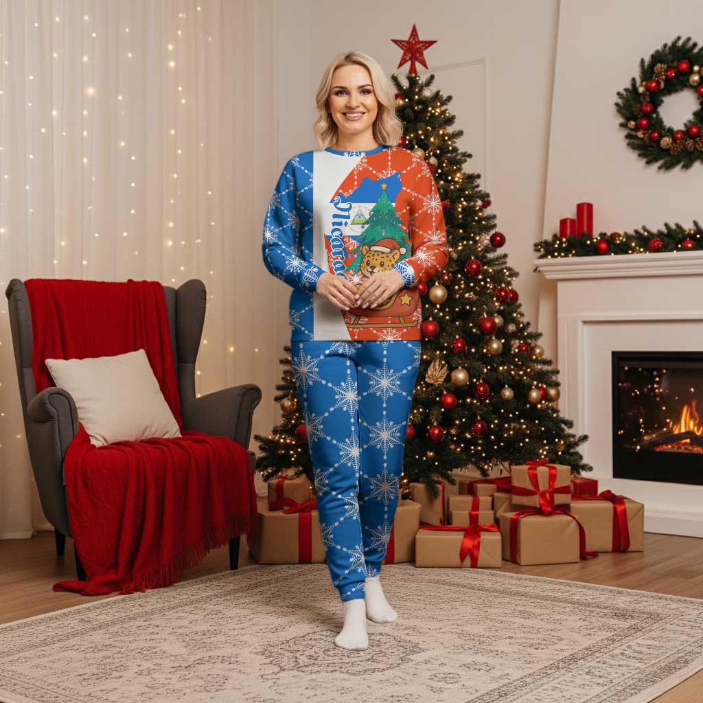 Nicaragua Christmas Pajama Set with Jaguar in Sleigh Christmas Tree Snowflakes and Flag Colors Design - Wonder Print Shop