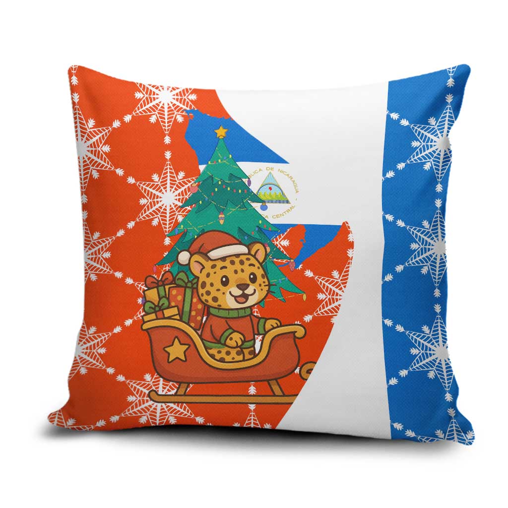 Nicaragua Christmas Pillow Cover with Jaguar in Sleigh Christmas Tree Snowflakes and Flag Colors Design - Wonder Print Shop