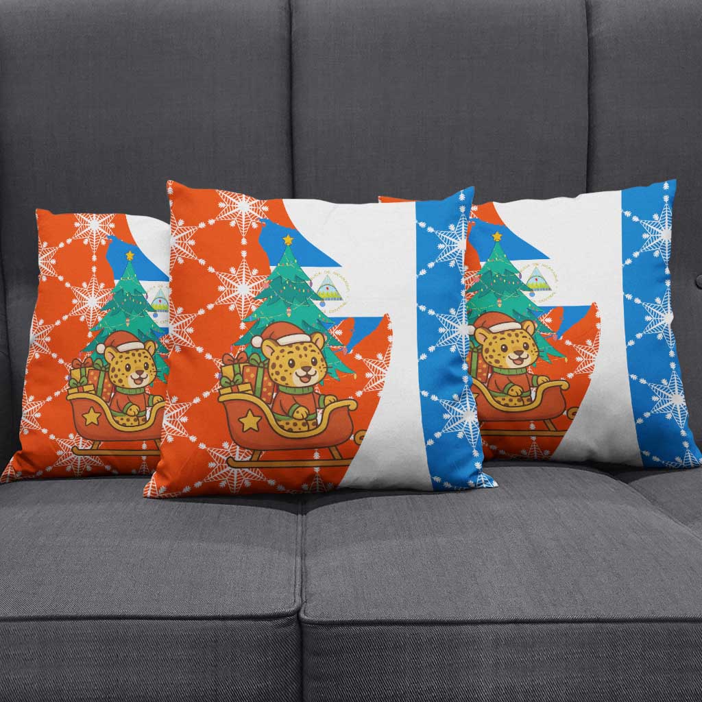 Nicaragua Christmas Pillow Cover with Jaguar in Sleigh Christmas Tree Snowflakes and Flag Colors Design - Wonder Print Shop