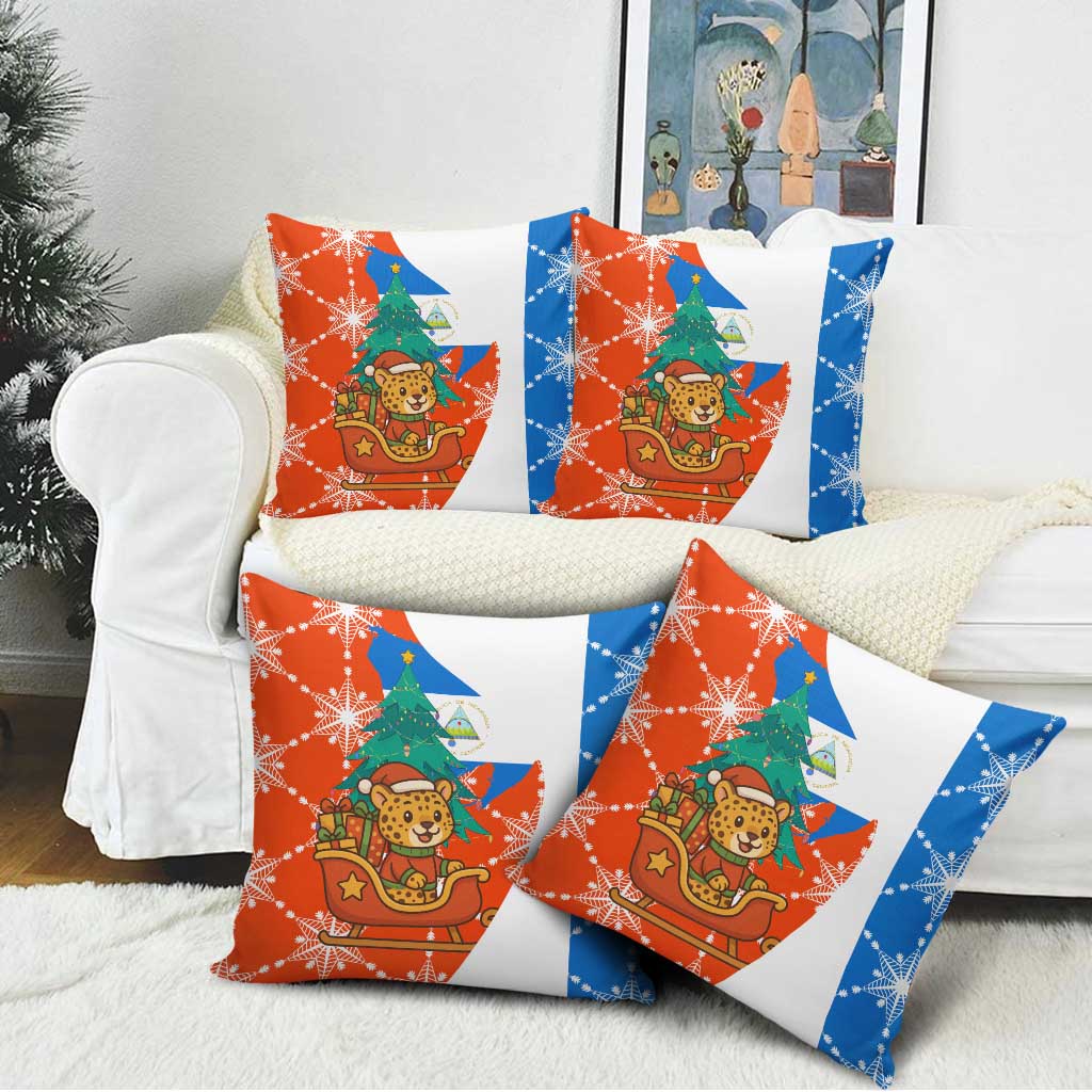 Nicaragua Christmas Pillow Cover with Jaguar in Sleigh Christmas Tree Snowflakes and Flag Colors Design - Wonder Print Shop