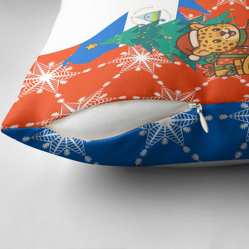 Nicaragua Christmas Pillow Cover with Jaguar in Sleigh Christmas Tree Snowflakes and Flag Colors Design - Wonder Print Shop
