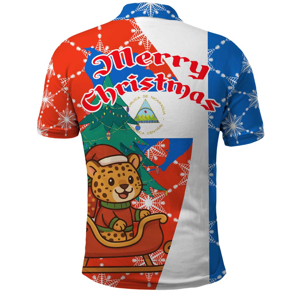 Nicaragua Christmas Polo Shirt with Jaguar in Sleigh Christmas Tree Snowflakes and Flag Colors Design - Wonder Print Shop