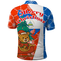 Nicaragua Christmas Polo Shirt with Jaguar in Sleigh Christmas Tree Snowflakes and Flag Colors Design - Wonder Print Shop