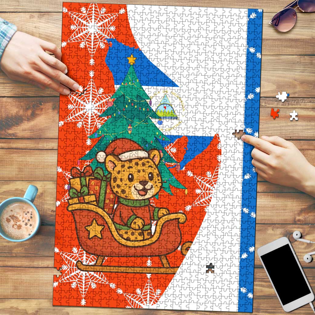 Nicaragua Christmas Puzzle with Jaguar in Sleigh Christmas Tree Snowflakes and Flag Colors Design - Wonder Print Shop