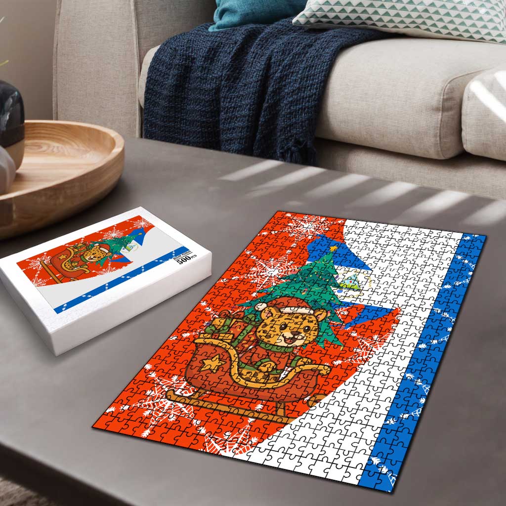 Nicaragua Christmas Puzzle with Jaguar in Sleigh Christmas Tree Snowflakes and Flag Colors Design - Wonder Print Shop