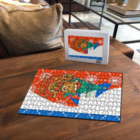 Nicaragua Christmas Puzzle with Jaguar in Sleigh Christmas Tree Snowflakes and Flag Colors Design - Wonder Print Shop