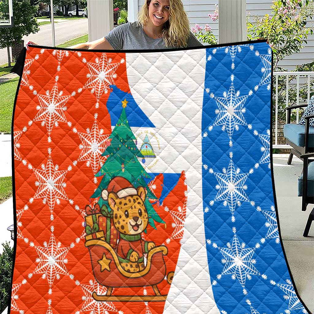 Nicaragua Christmas Quilt with Jaguar in Sleigh Christmas Tree Snowflakes and Flag Colors Design - Wonder Print Shop