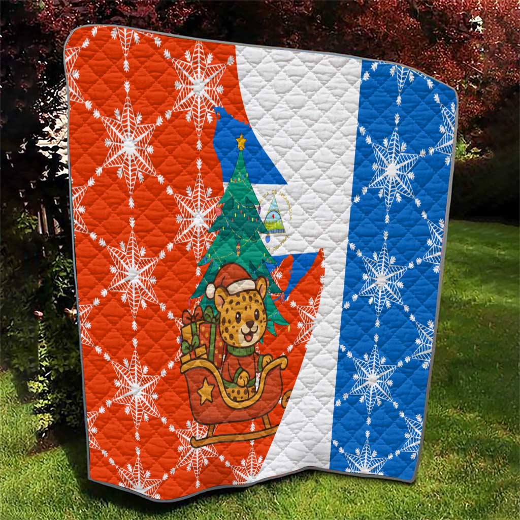Nicaragua Christmas Quilt with Jaguar in Sleigh Christmas Tree Snowflakes and Flag Colors Design - Wonder Print Shop