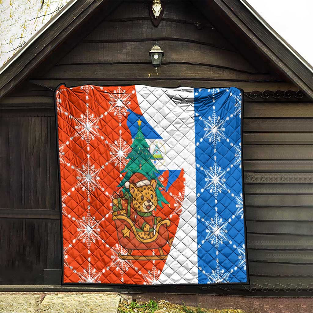 Nicaragua Christmas Quilt with Jaguar in Sleigh Christmas Tree Snowflakes and Flag Colors Design - Wonder Print Shop