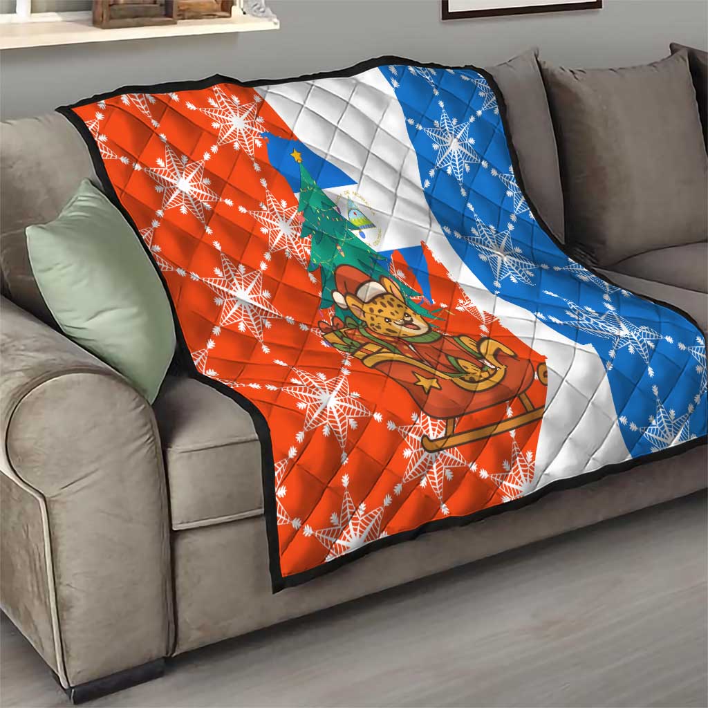 Nicaragua Christmas Quilt with Jaguar in Sleigh Christmas Tree Snowflakes and Flag Colors Design - Wonder Print Shop