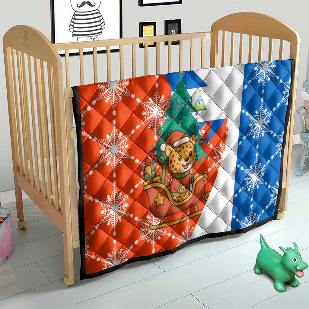 Nicaragua Christmas Quilt with Jaguar in Sleigh Christmas Tree Snowflakes and Flag Colors Design - Wonder Print Shop