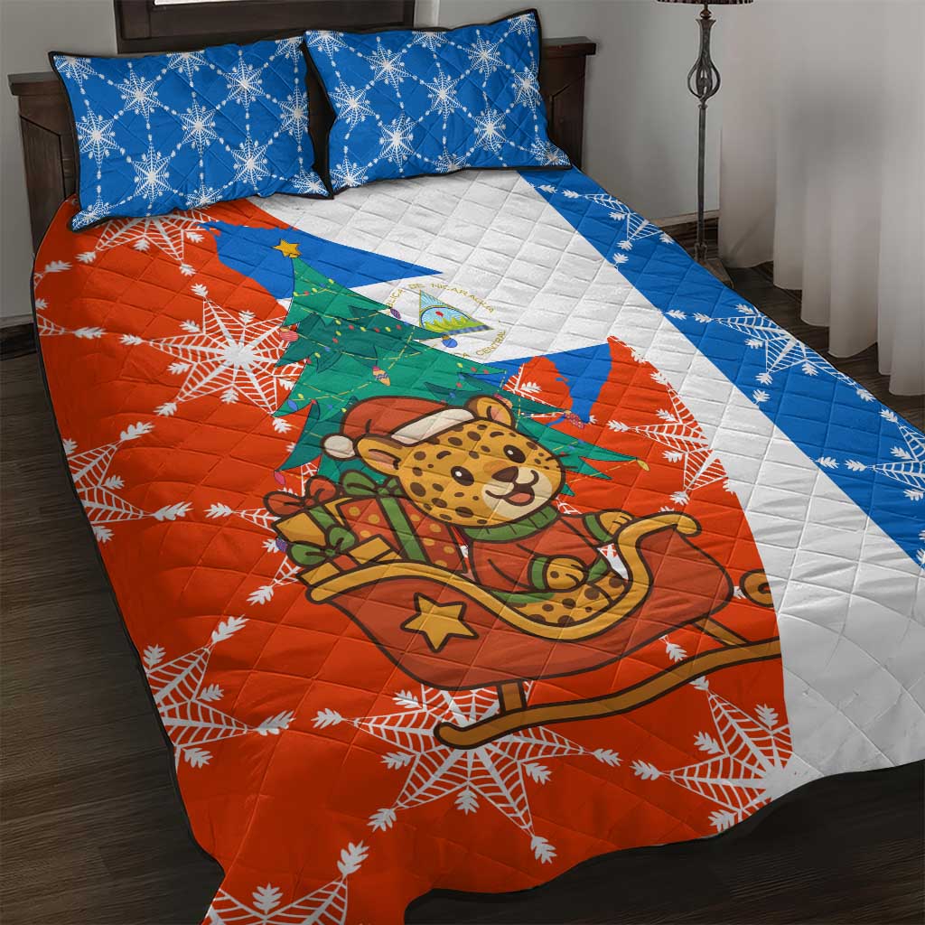 Nicaragua Christmas Quilt Bed Set with Jaguar in Sleigh Christmas Tree Snowflakes and Flag Colors Design - Wonder Print Shop