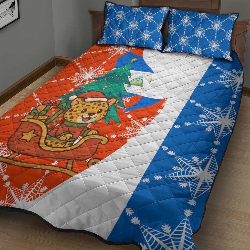Nicaragua Christmas Quilt Bed Set with Jaguar in Sleigh Christmas Tree Snowflakes and Flag Colors Design - Wonder Print Shop