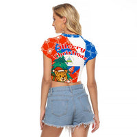 Nicaragua Christmas Raglan Cropped T Shirt with Jaguar in Sleigh Christmas Tree Snowflakes and Flag Colors Design - Wonder Print Shop