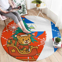 Nicaragua Christmas Round Carpet with Jaguar in Sleigh Christmas Tree Snowflakes and Flag Colors Design - Wonder Print Shop