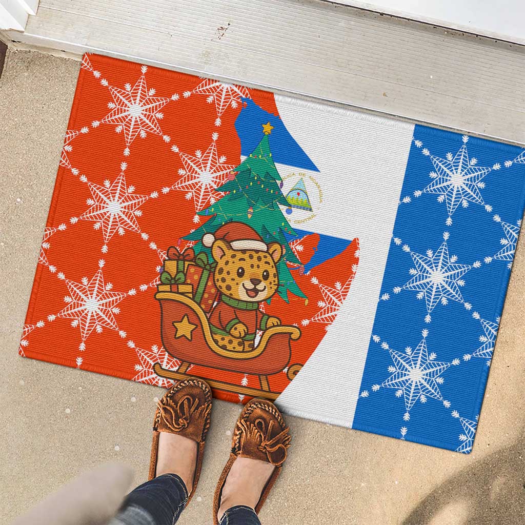 Nicaragua Christmas Rubber Doormat with Jaguar in Sleigh Christmas Tree Snowflakes and Flag Colors Design - Wonder Print Shop