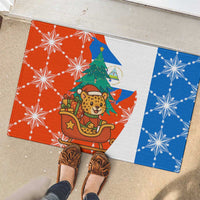 Nicaragua Christmas Rubber Doormat with Jaguar in Sleigh Christmas Tree Snowflakes and Flag Colors Design - Wonder Print Shop