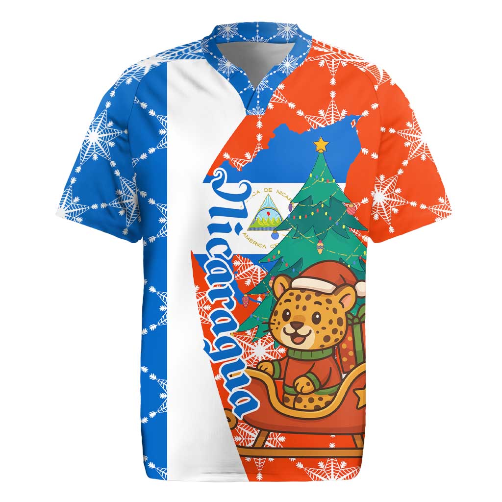 Nicaragua Christmas Rugby Jersey with Jaguar in Sleigh Christmas Tree Snowflakes and Flag Colors Design - Wonder Print Shop