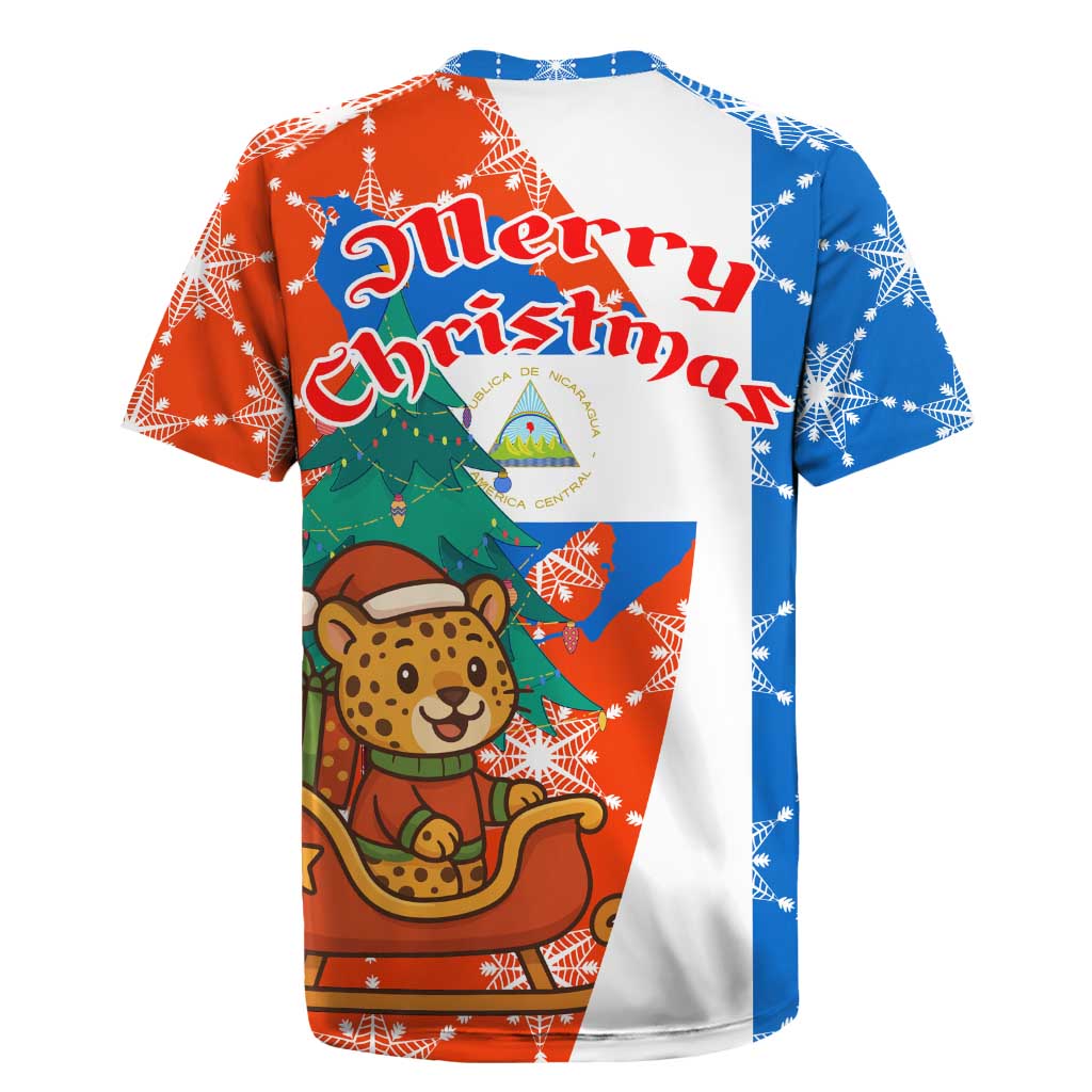 Nicaragua Christmas Rugby Jersey with Jaguar in Sleigh Christmas Tree Snowflakes and Flag Colors Design - Wonder Print Shop