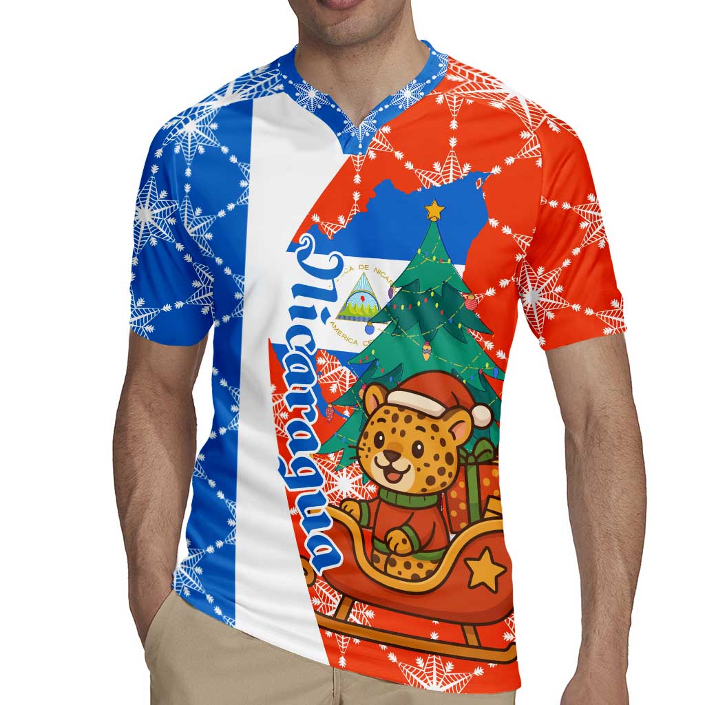 Nicaragua Christmas Rugby Jersey with Jaguar in Sleigh Christmas Tree Snowflakes and Flag Colors Design - Wonder Print Shop