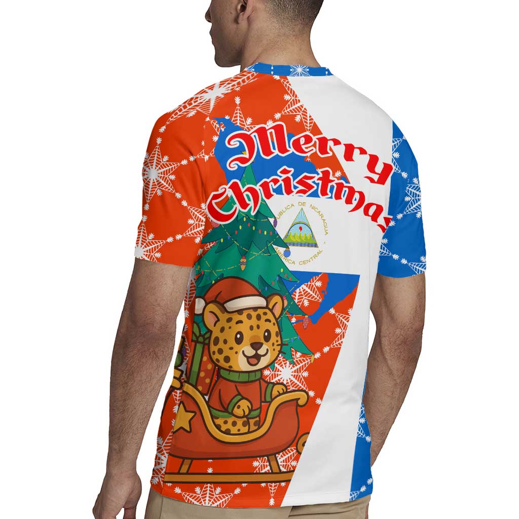 Nicaragua Christmas Rugby Jersey with Jaguar in Sleigh Christmas Tree Snowflakes and Flag Colors Design - Wonder Print Shop