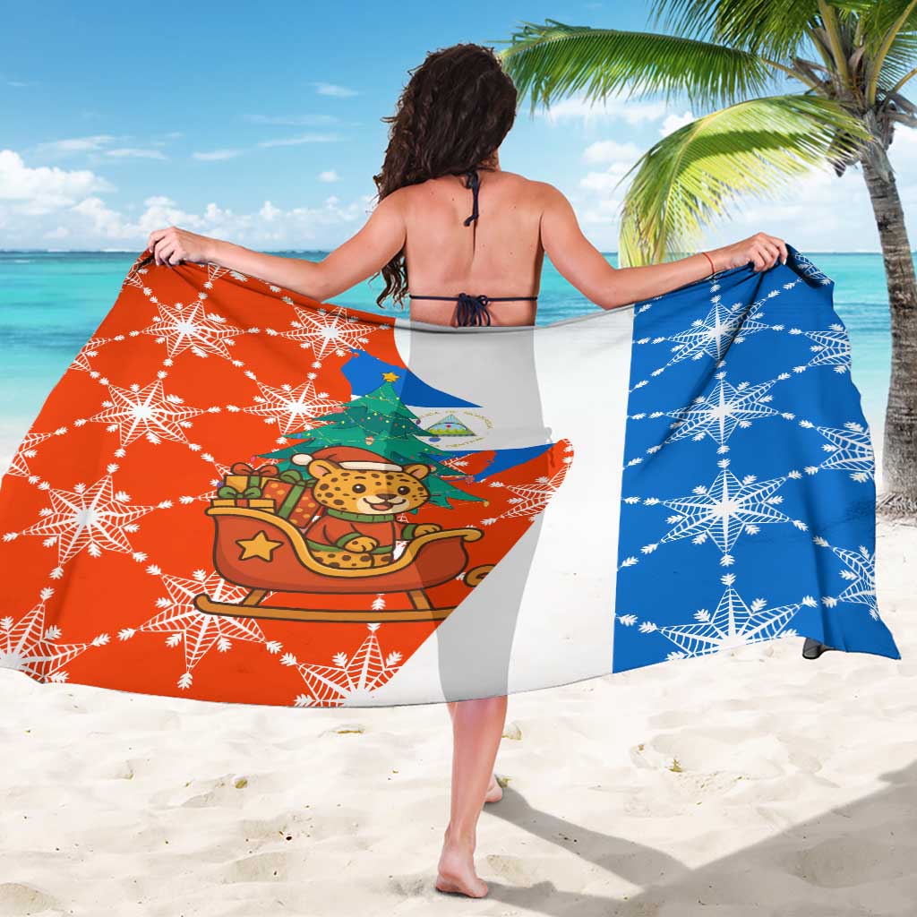 Nicaragua Christmas Sarong with Jaguar in Sleigh Christmas Tree Snowflakes and Flag Colors Design - Wonder Print Shop