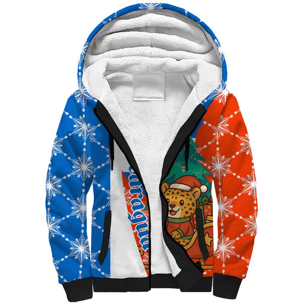 Nicaragua Christmas Sherpa Hoodie with Jaguar in Sleigh Christmas Tree Snowflakes and Flag Colors Design - Wonder Print Shop