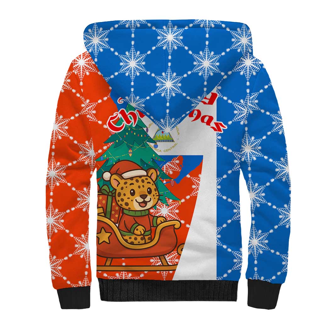 Nicaragua Christmas Sherpa Hoodie with Jaguar in Sleigh Christmas Tree Snowflakes and Flag Colors Design - Wonder Print Shop