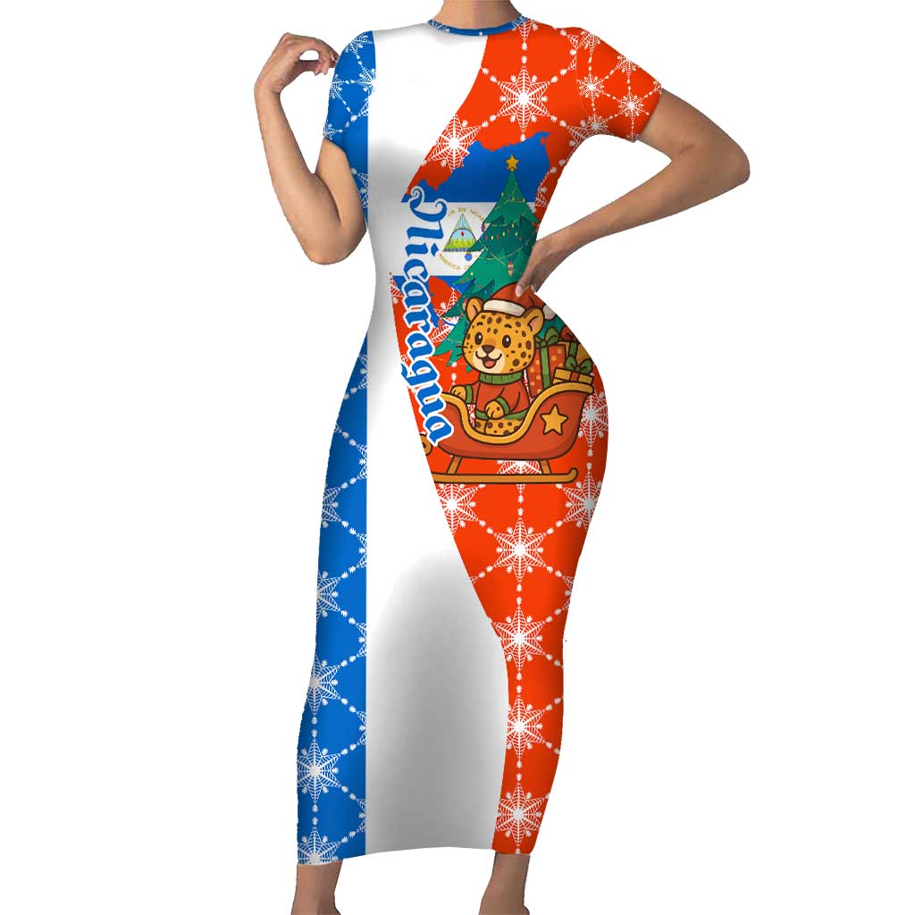 Nicaragua Christmas Short Sleeve Bodycon Dress with Jaguar in Sleigh Christmas Tree Snowflakes and Flag Colors Design - Wonder Print Shop