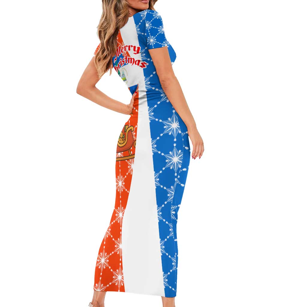 Nicaragua Christmas Short Sleeve Bodycon Dress with Jaguar in Sleigh Christmas Tree Snowflakes and Flag Colors Design - Wonder Print Shop