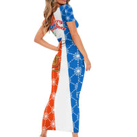 Nicaragua Christmas Short Sleeve Bodycon Dress with Jaguar in Sleigh Christmas Tree Snowflakes and Flag Colors Design - Wonder Print Shop