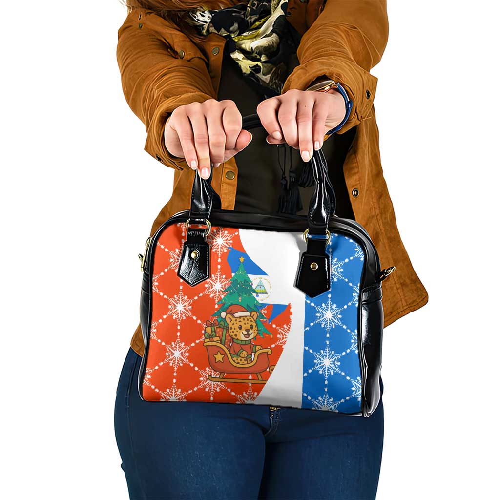 Nicaragua Christmas Shoulder Handbag with Jaguar in Sleigh Christmas Tree Snowflakes and Flag Colors Design - Wonder Print Shop
