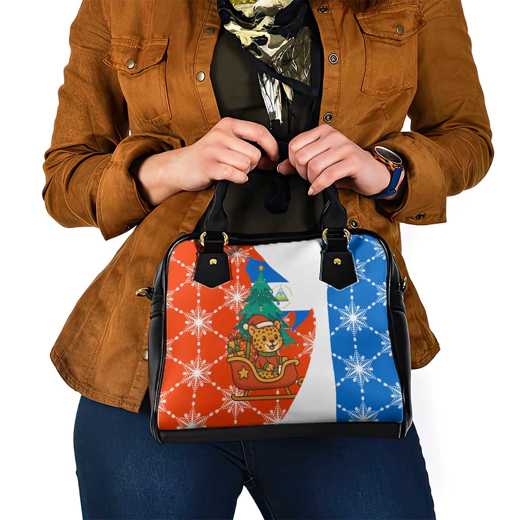 Nicaragua Christmas Shoulder Handbag with Jaguar in Sleigh Christmas Tree Snowflakes and Flag Colors Design - Wonder Print Shop
