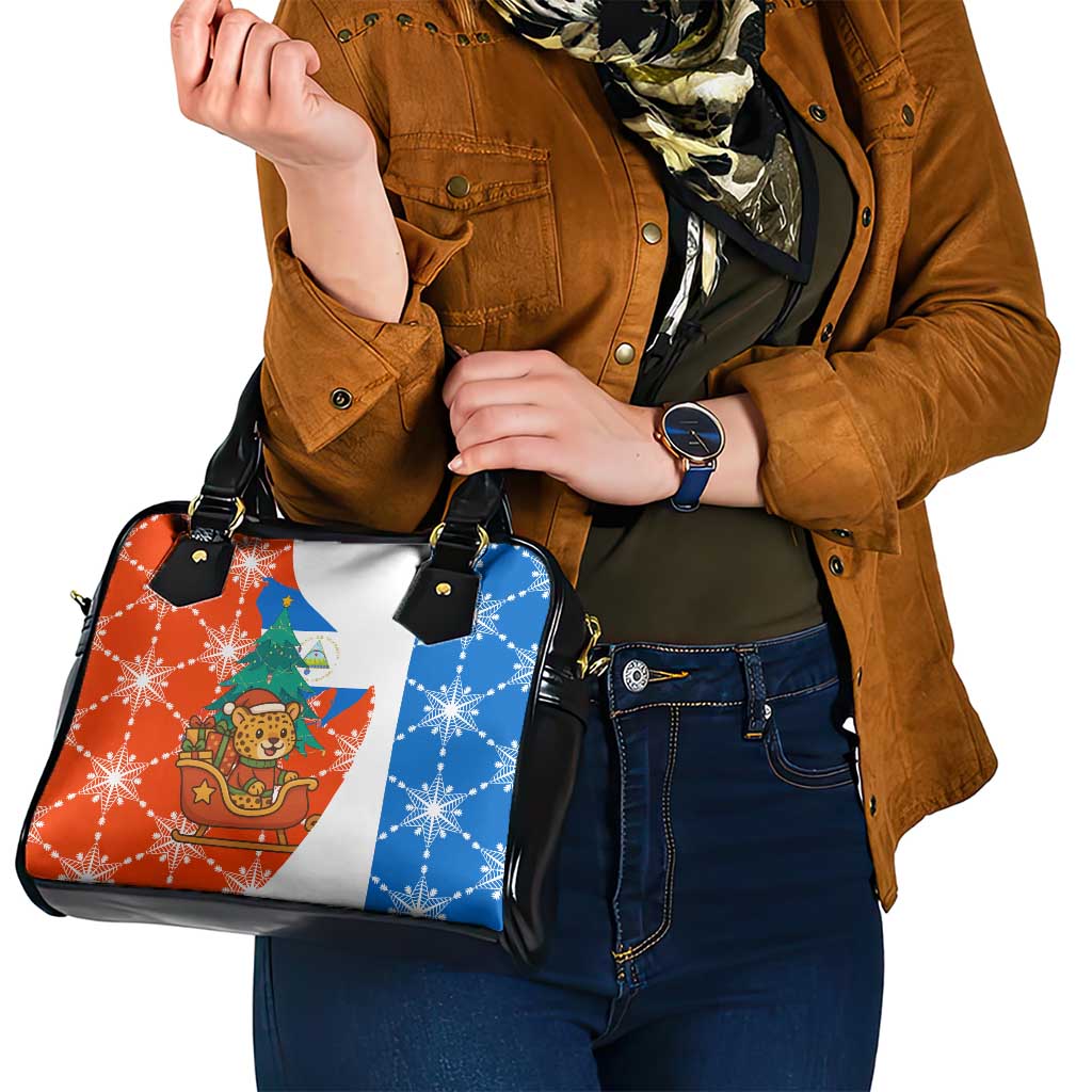 Nicaragua Christmas Shoulder Handbag with Jaguar in Sleigh Christmas Tree Snowflakes and Flag Colors Design - Wonder Print Shop