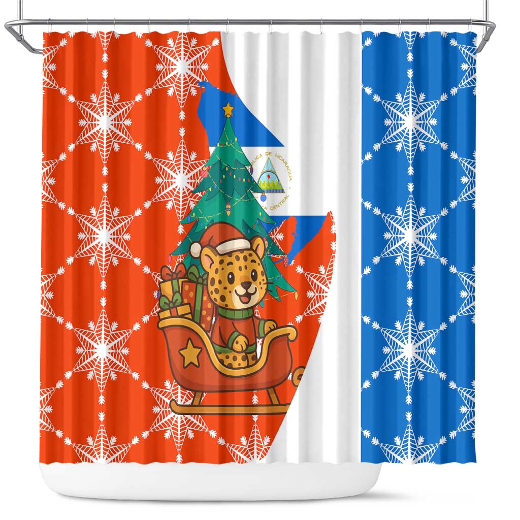 Nicaragua Christmas Shower Curtain with Jaguar in Sleigh Christmas Tree Snowflakes and Flag Colors Design - Wonder Print Shop