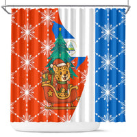 Nicaragua Christmas Shower Curtain with Jaguar in Sleigh Christmas Tree Snowflakes and Flag Colors Design - Wonder Print Shop