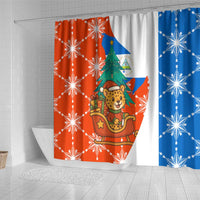 Nicaragua Christmas Shower Curtain with Jaguar in Sleigh Christmas Tree Snowflakes and Flag Colors Design - Wonder Print Shop