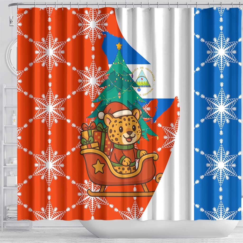 Nicaragua Christmas Shower Curtain with Jaguar in Sleigh Christmas Tree Snowflakes and Flag Colors Design - Wonder Print Shop