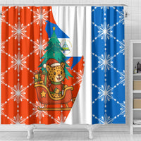 Nicaragua Christmas Shower Curtain with Jaguar in Sleigh Christmas Tree Snowflakes and Flag Colors Design - Wonder Print Shop