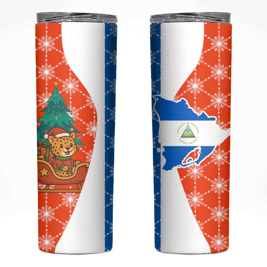 Nicaragua Christmas Skinny Tumbler with Jaguar in Sleigh Christmas Tree Snowflakes and Flag Colors Design - Wonder Print Shop