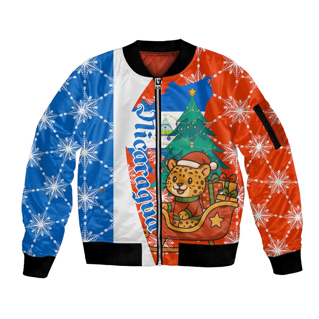 Nicaragua Christmas Sleeve Zip Bomber Jacket with Jaguar in Sleigh Christmas Tree Snowflakes and Flag Colors Design - Wonder Print Shop