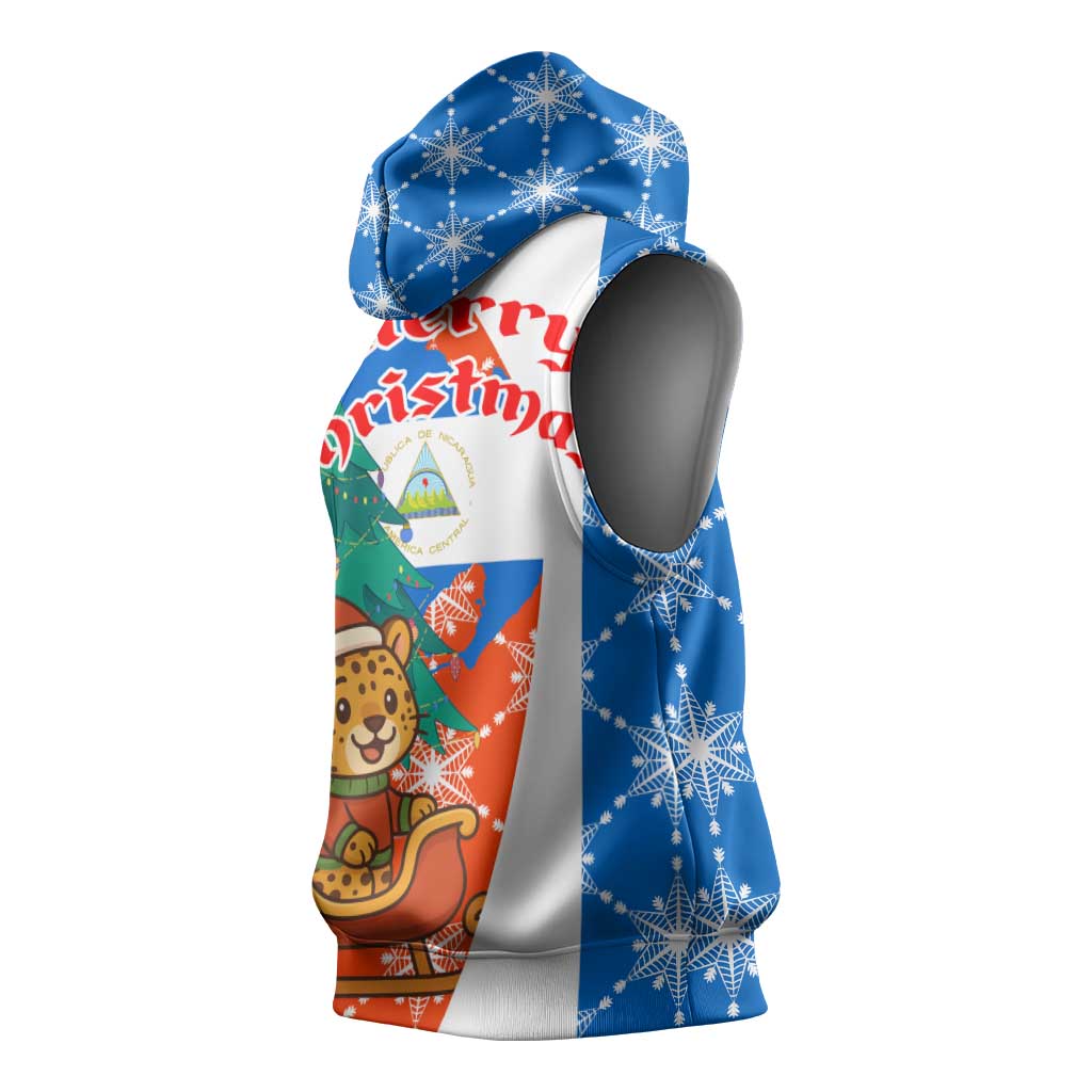 Nicaragua Christmas Sleeveless Hoodie with Jaguar in Sleigh Christmas Tree Snowflakes and Flag Colors Design - Wonder Print Shop